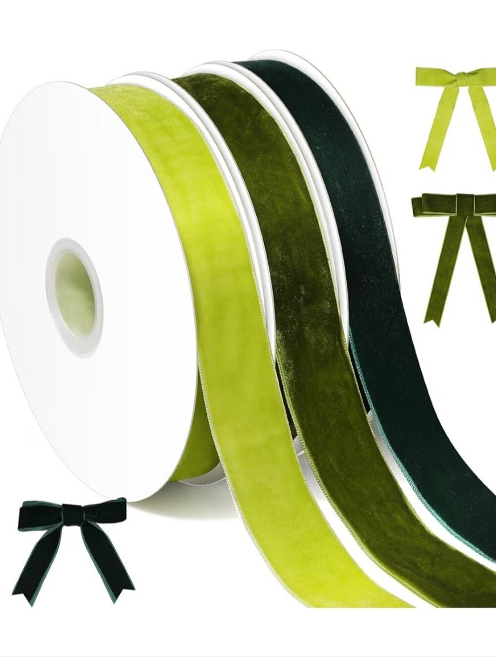 Velvet Ribbon Trio in Lime, Olive & Forest Green. 10 yards each. NWT.